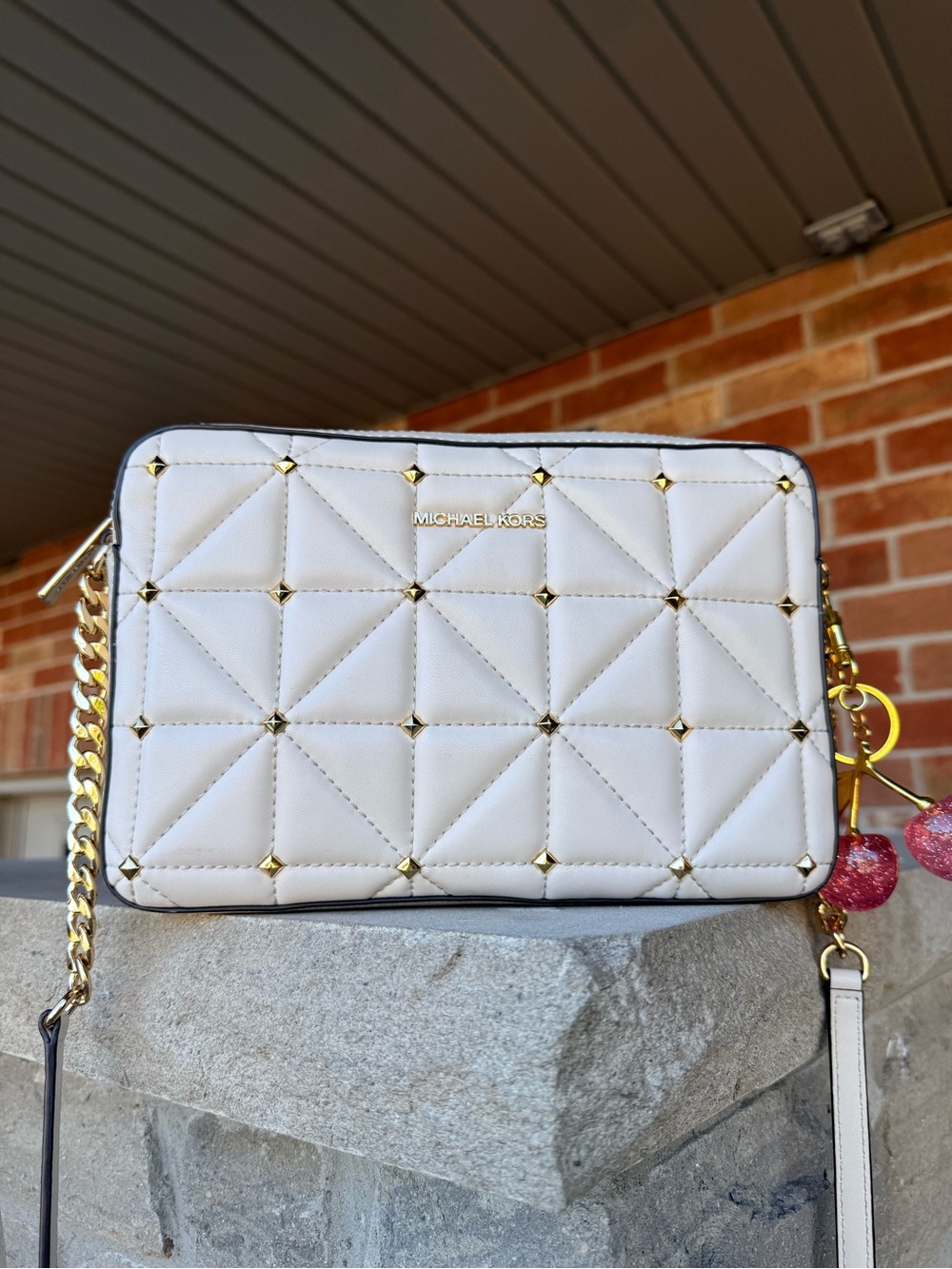 Michael Kors White Quilted Studded Crossbody Bag Gold Hardware